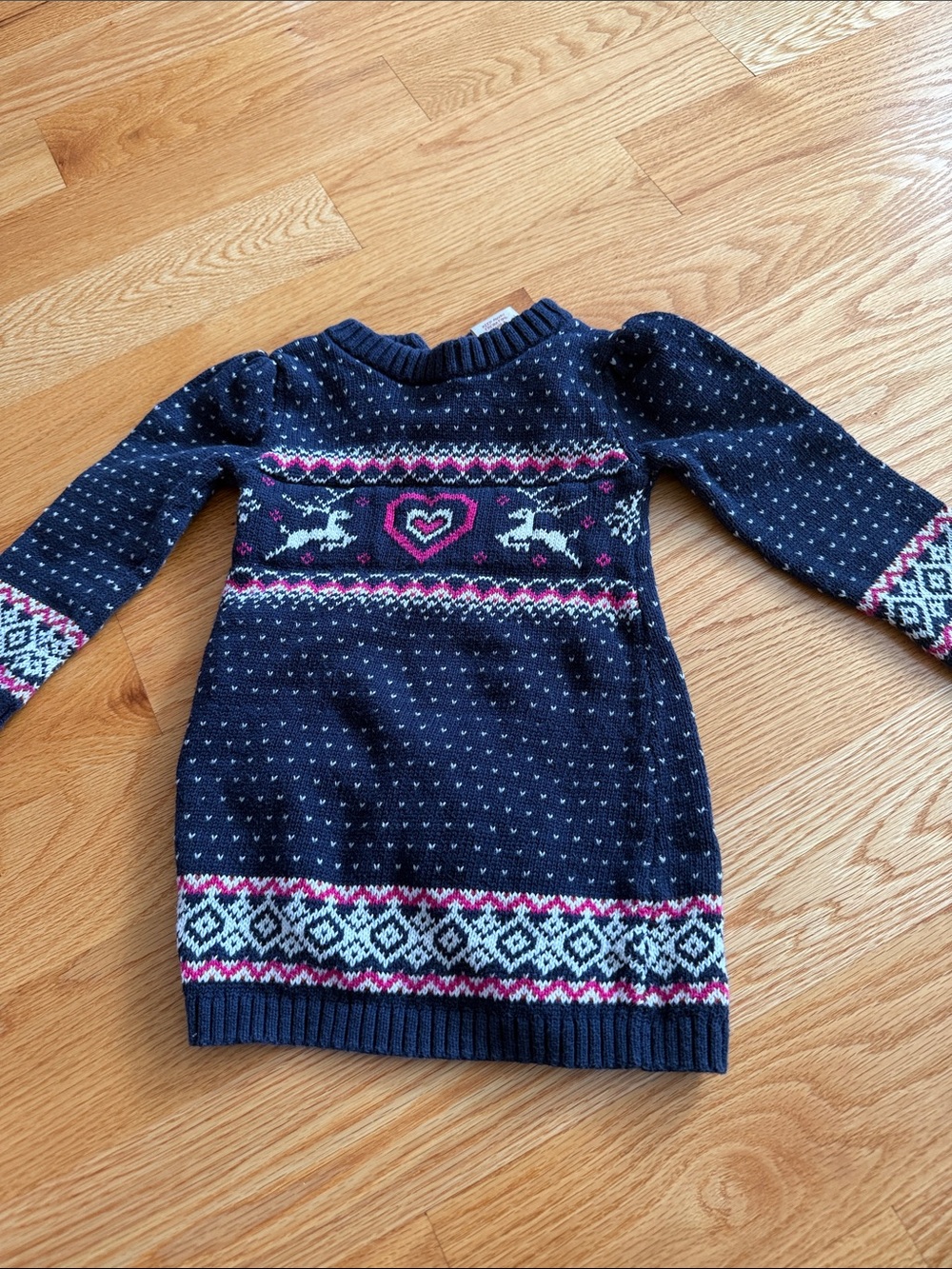 Girls' Navy Knit Dress with Pink & White Fair Isle Motif